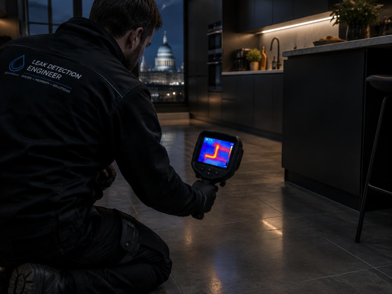 Engineer using thermal imaging to trace a pipe under a kitchen floor